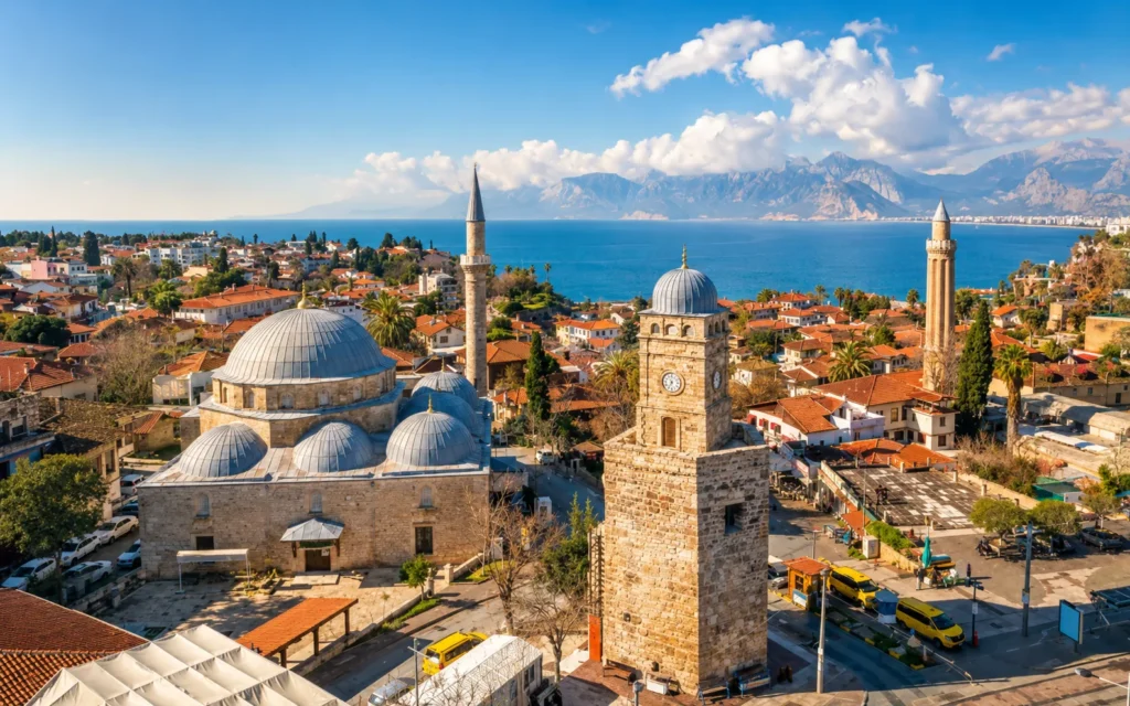 Antalya tarihi minare ve şehir manzarası