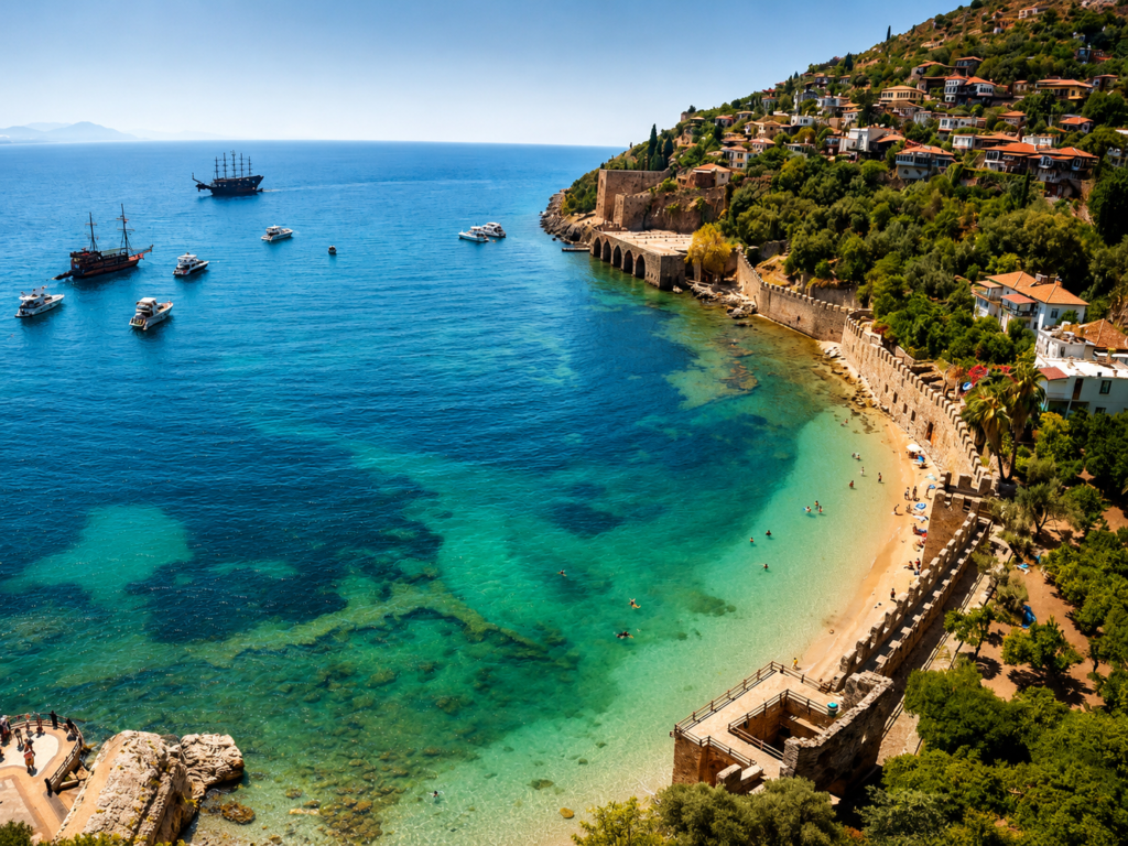 Antalya falezleri, turkuaz deniz, koy, tekneler ve sahil manzarası