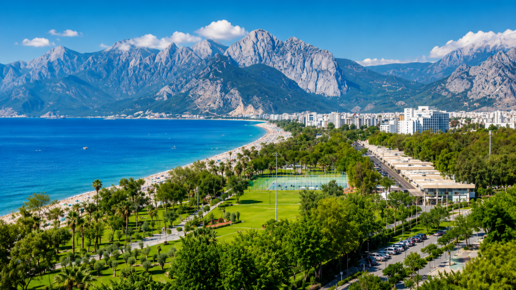 Antalya Konyaaltı sahili, deniz, dağlar, yeşil alanlar ve gün batımı manzarası