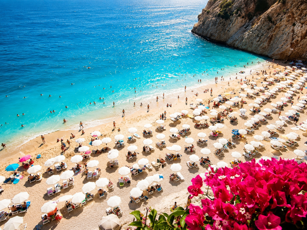 Antalya plajında şezlonglar, berrak deniz, kumsal ve kayalık koy manzarası