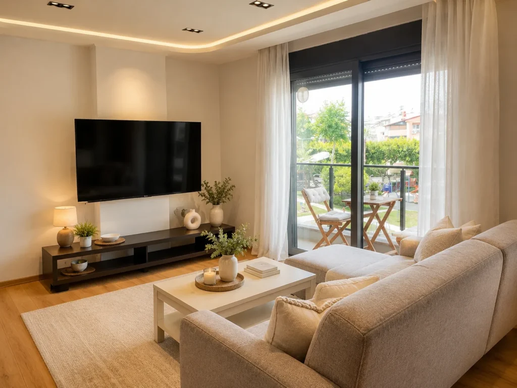 Diker Port Residence TV alanlı modern salon