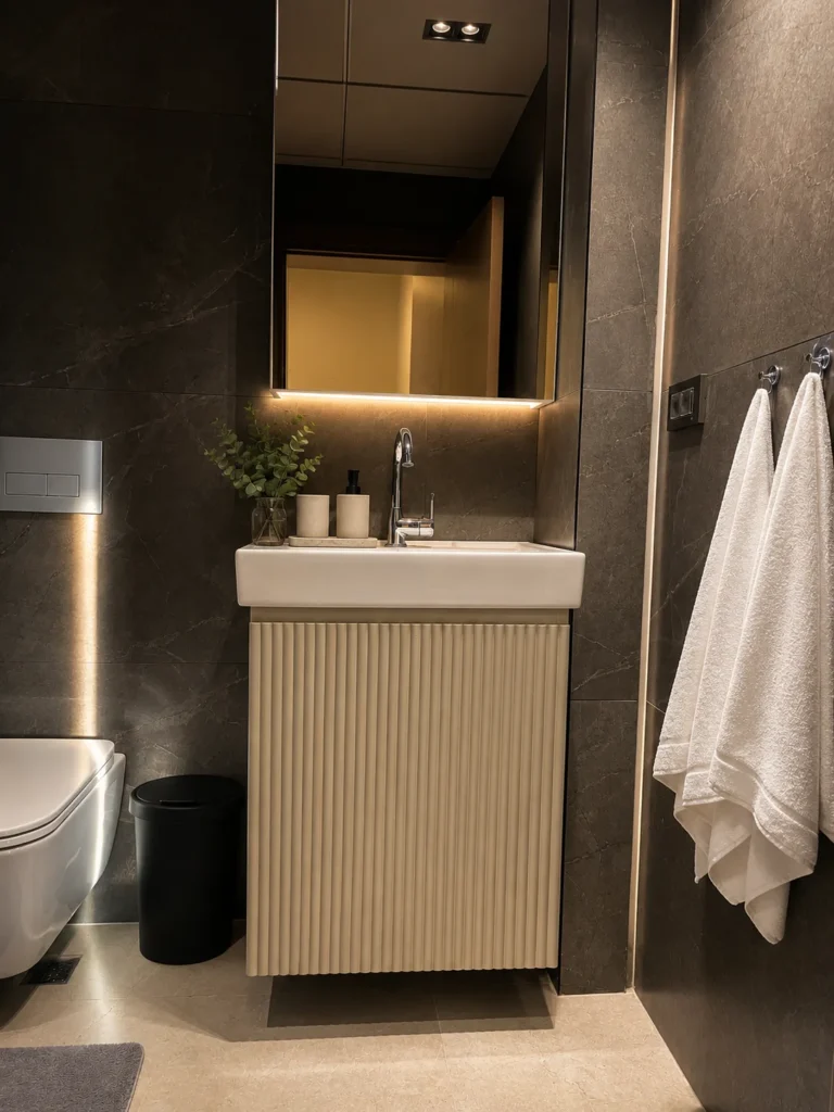 Diker Port Residence modern banyo lavabo ve havlu alanı