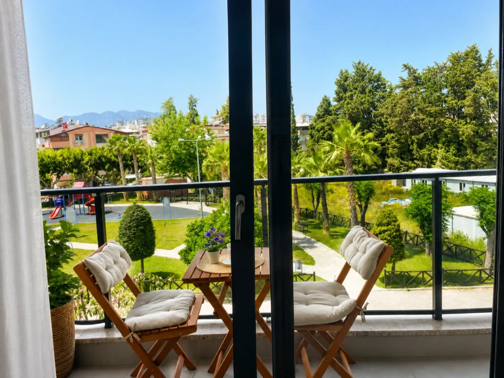 Diker Port Residence cam balkonlu oturma alanı