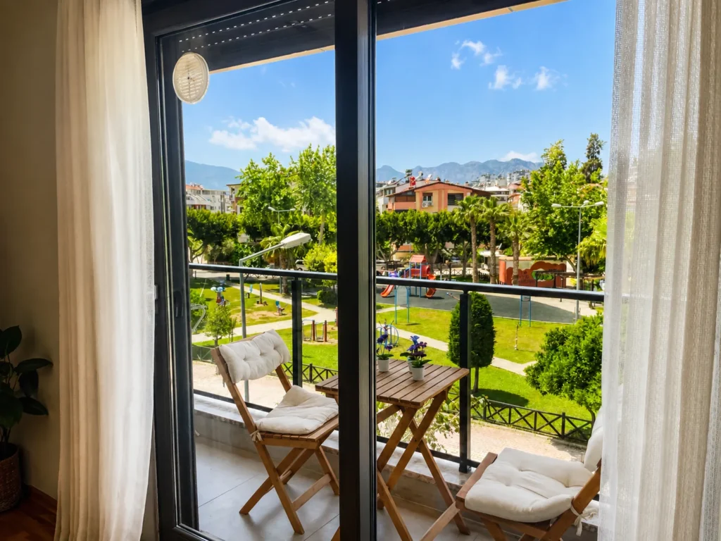 Konyaaltı balkonlu apart daire havuz ve bahçe manzarası