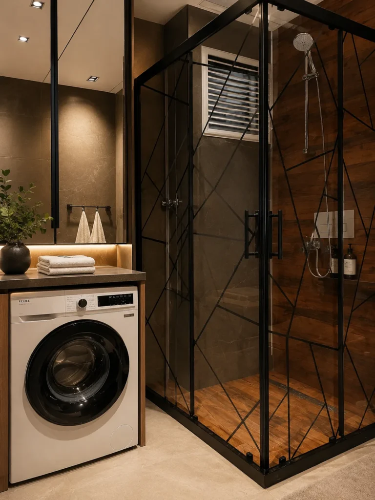 Diker Port Residence modern banyoda çamaşır makinesi detayı