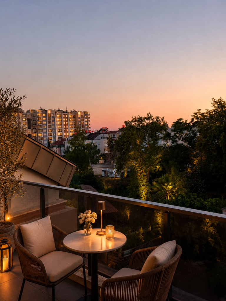 Antalya Konyaaltı balkon akşam manzaralı günlük kiralık daire