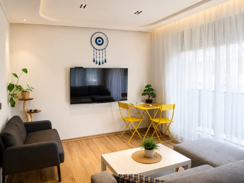 Konyaaltı TV üniteli konforlu salon alanı