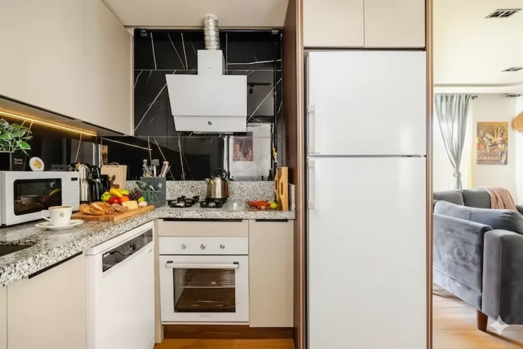 Diker Port Residence tam donanımlı mutfak ve salon bağlantısı