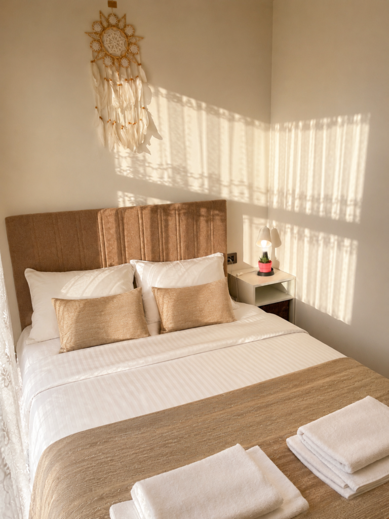 Diker Port Residence Konyaaltı beyaz yataklı modern oda