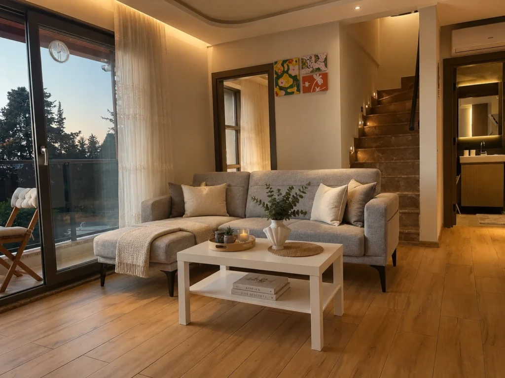 Konyaaltı günlük kiralık daire geniş salon ve oturma alanı