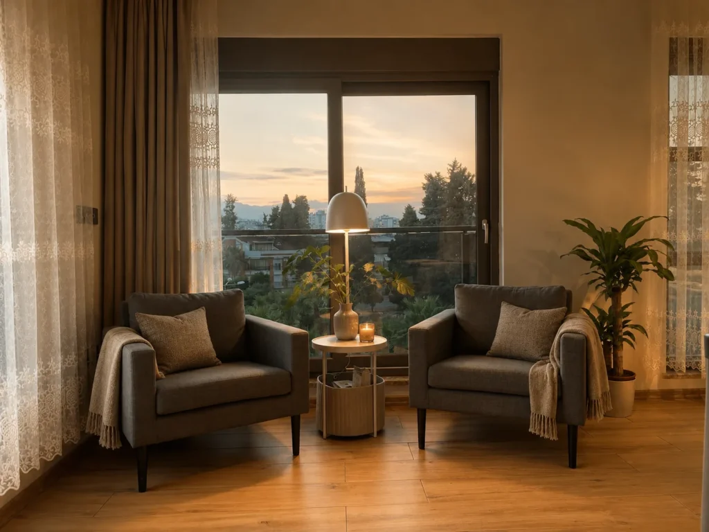 Antalya Konyaaltı manzaralı salonlu günlük kiralık daire