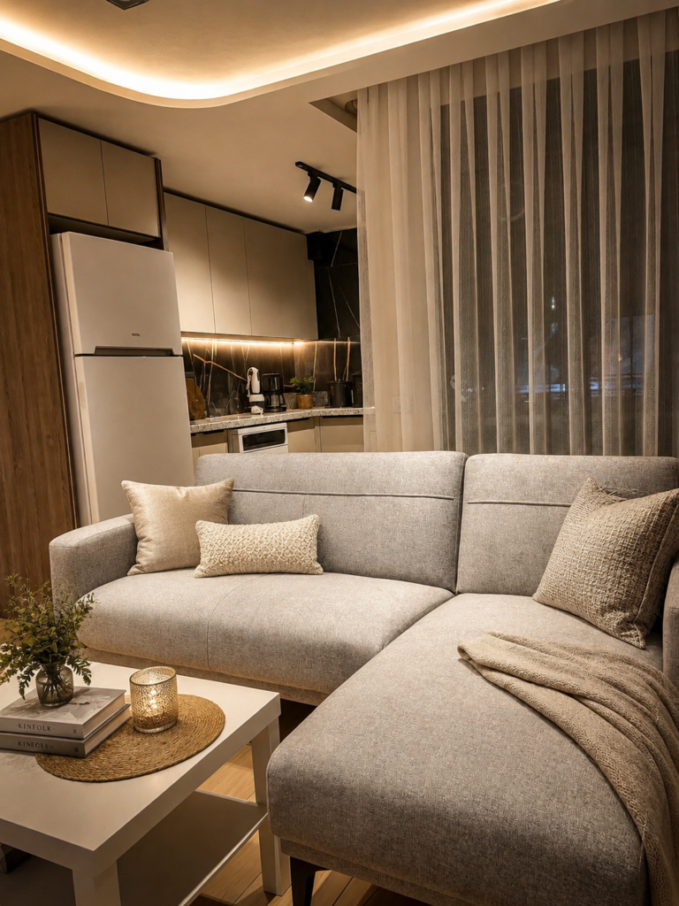 Diker Port Residence Konyaaltı modern salon ve konforlu koltuk alanı