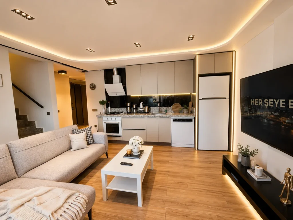 Diker Port Residence Konyaaltı modern salonlu günlük kiralık daire